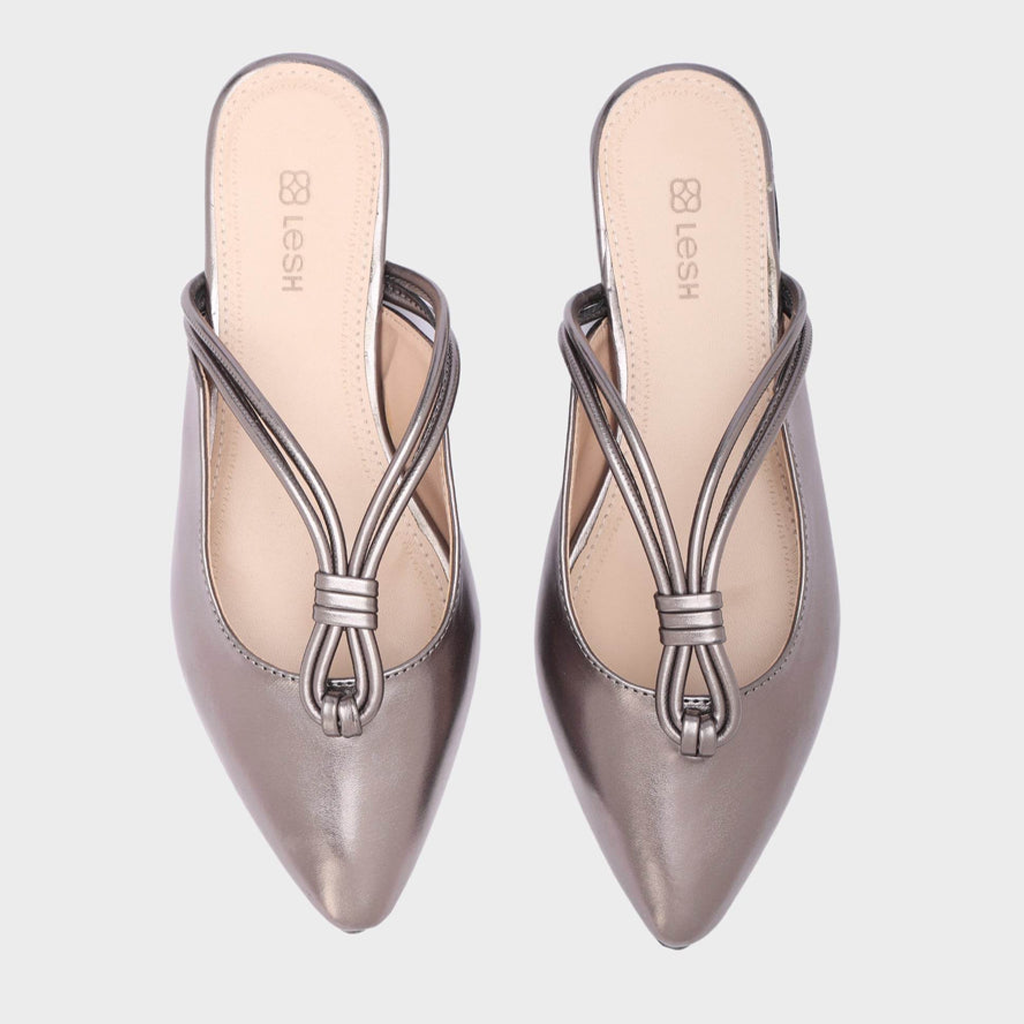 Looped-Strap Metallic Pointed-Toe Mules