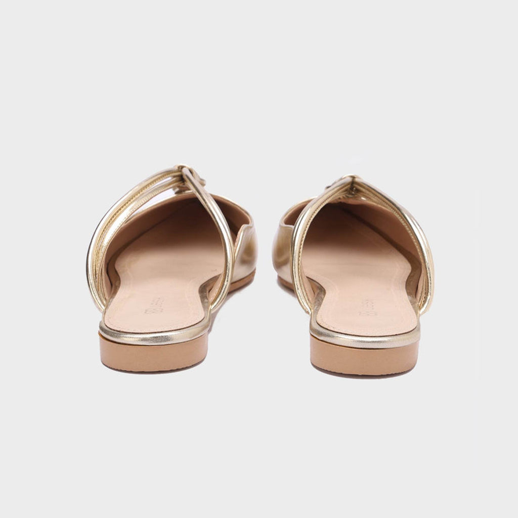 Looped-Strap Metallic Pointed-Toe Mules