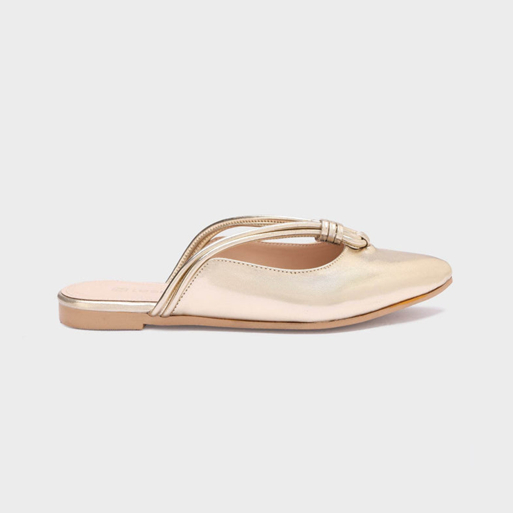 Looped-Strap Metallic Pointed-Toe Mules