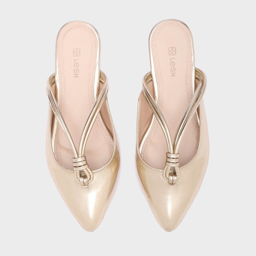 Looped-Strap Metallic Pointed-Toe Mules